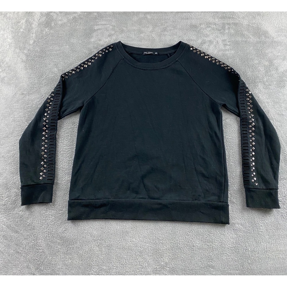 Max Jeans Womens Black Studded‎ Ladder Sleeve Raglan Crewneck Sweatshirt Small